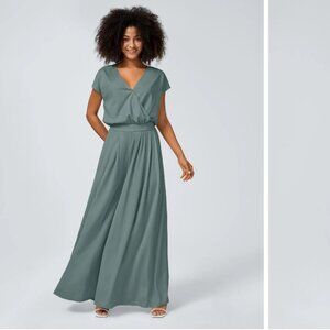 Halara V-Neck Waffle Knit Wide Leg Jumpsuit with Pockets in Stone Green, Size XL